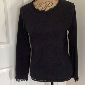 Belongings Long Sleeve Black Chiffon Ruffled Neck and Wrists Tee NWOT